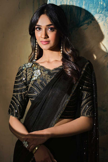 Sequins Work Attractive Party Look Satin Satin Silk Fabric Saree In Black Color