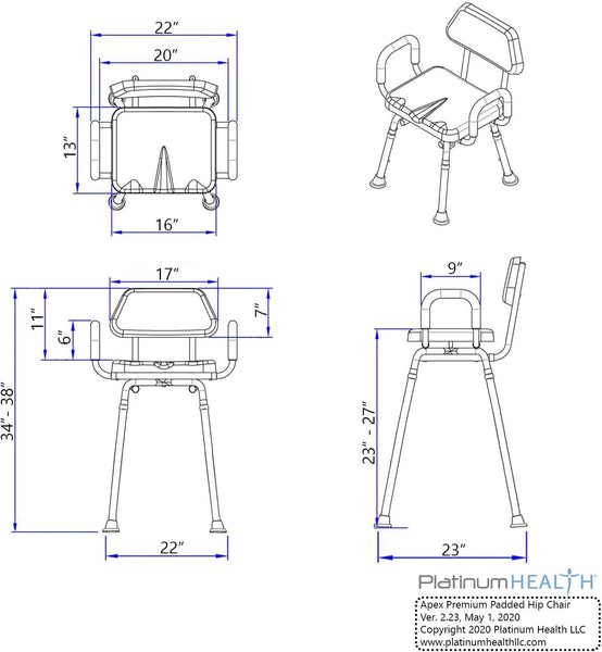 Platinum Health Hip Chair, Revolver(tm) Premium, Padded, Height Adjustable,  SEAT-Angle Adjustable Hip Chair with Swivel Seat and Swing Away Arm Rests.