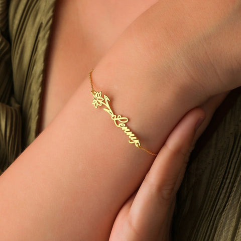 Luxurious Birth Flower Name Bracelet in 18k gold, a heartfelt gift for girlfriend from Burst of Arabia in Dubai.