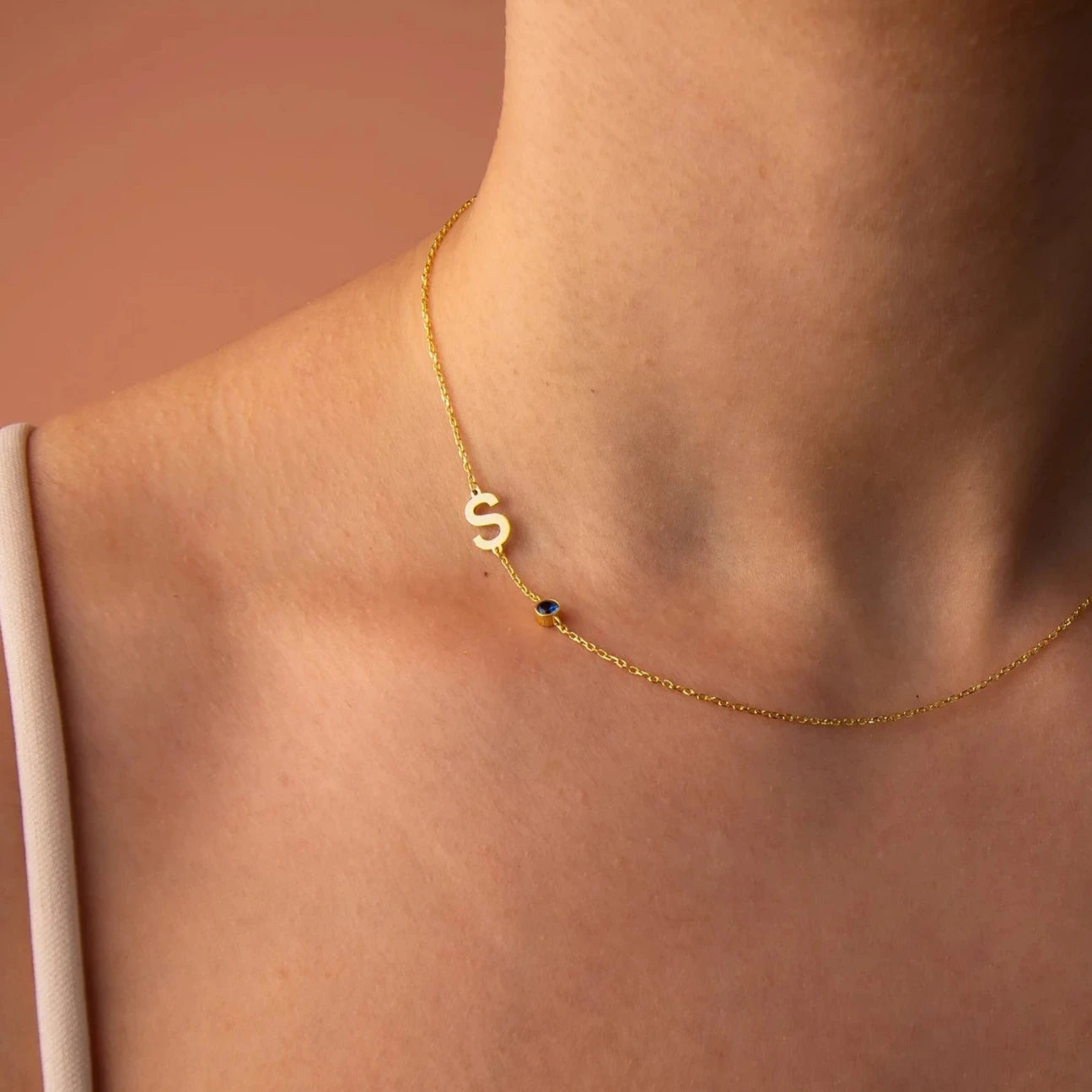 Sideways Initial Birthstone Necklace