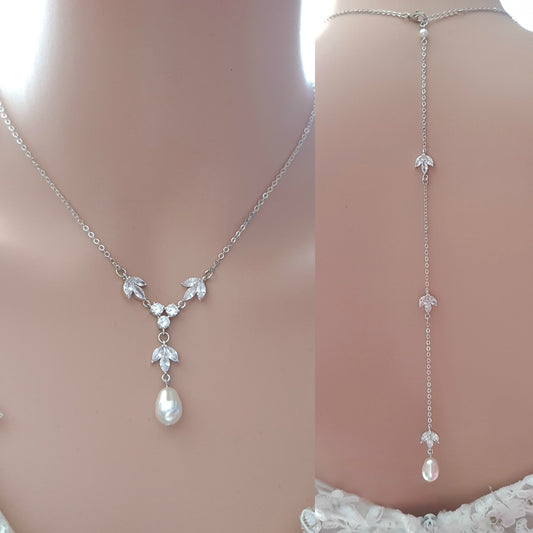 Cascading pearl backdrop necklace, real pearl back necklace for low back  dress