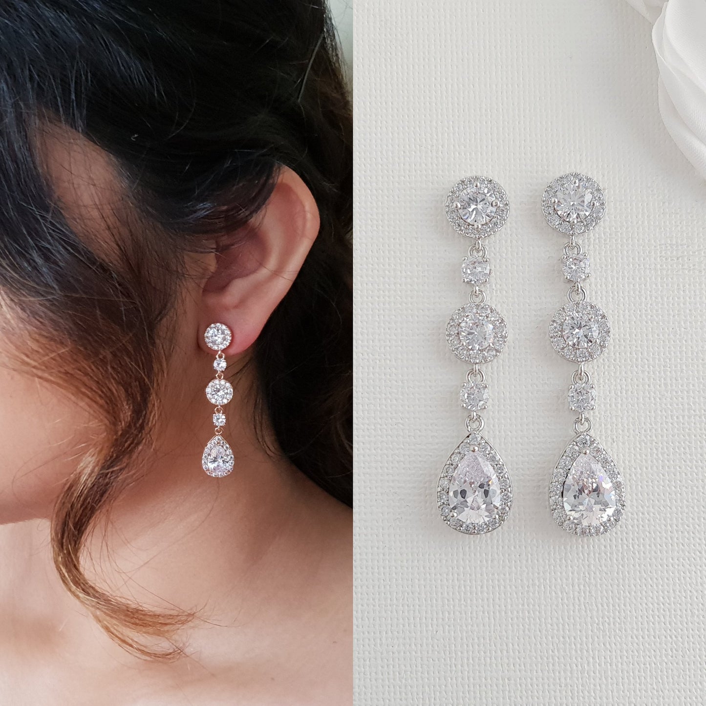 Long Bridal Earrings with Long Drop Pendant Necklace Set-Reagan