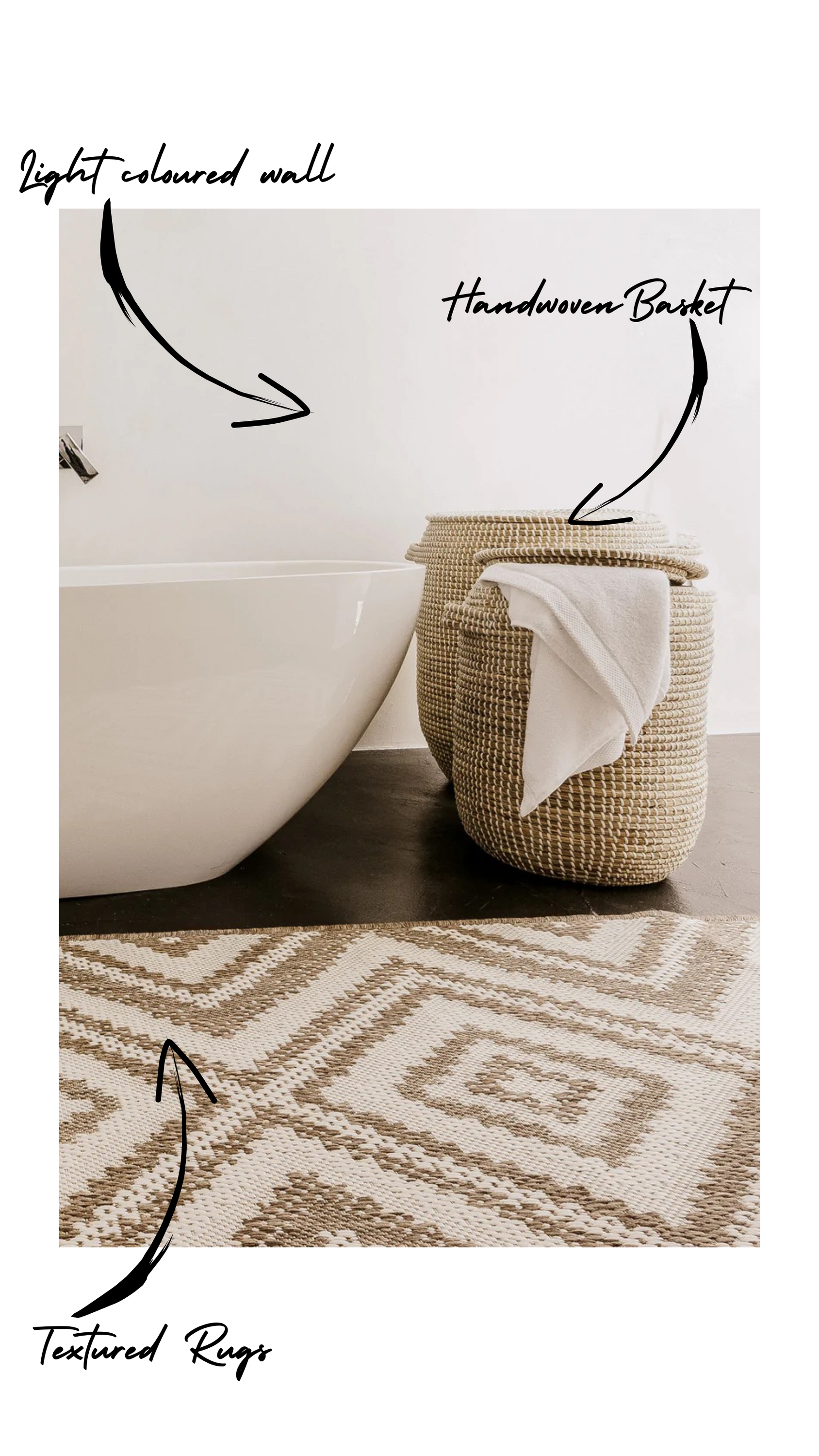 Fingerprint Interiors styled bathroom with handwoven basket ad rug