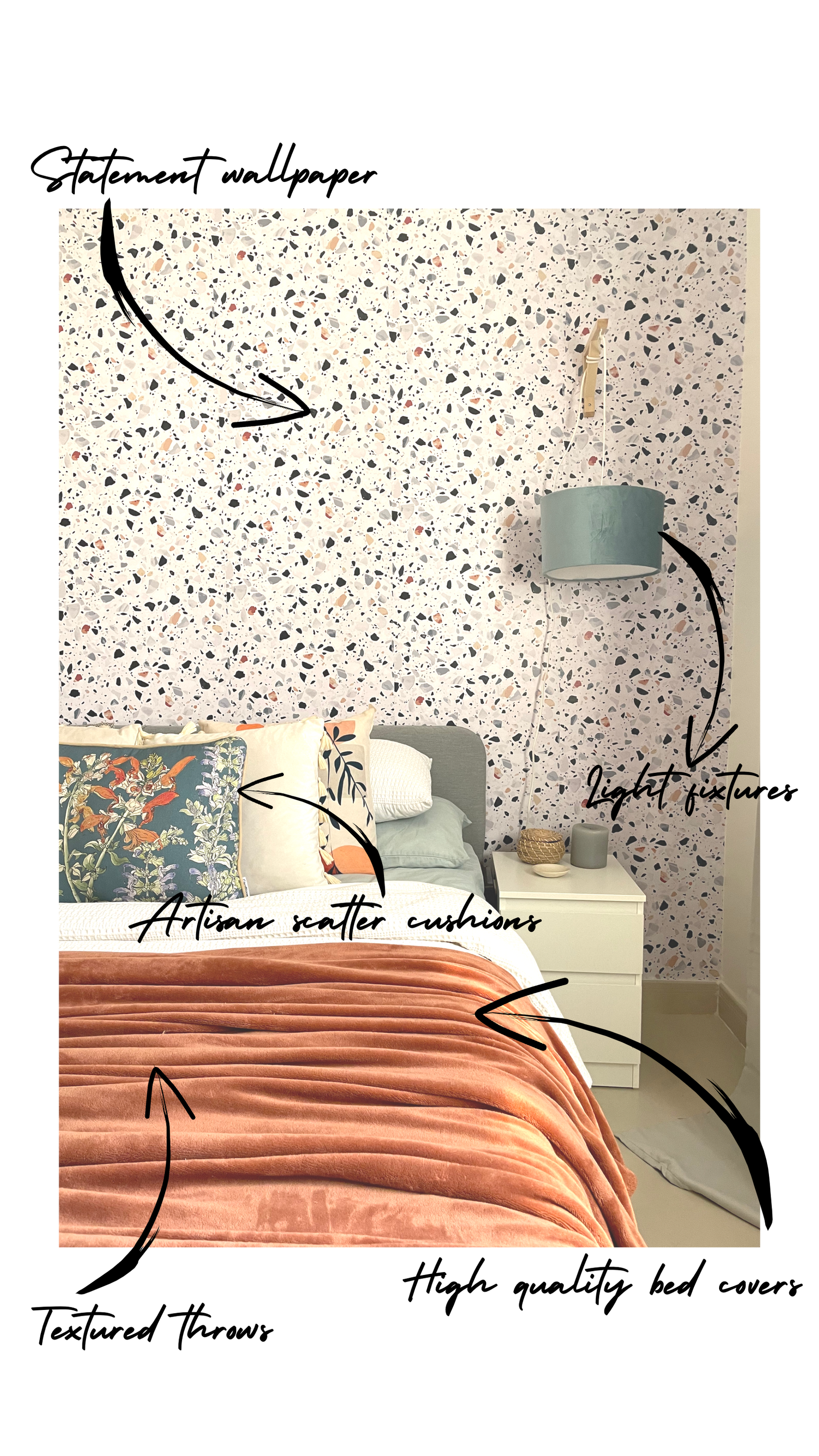Fingerprint interiors bedroom makeover with peel and stick wallpaper 