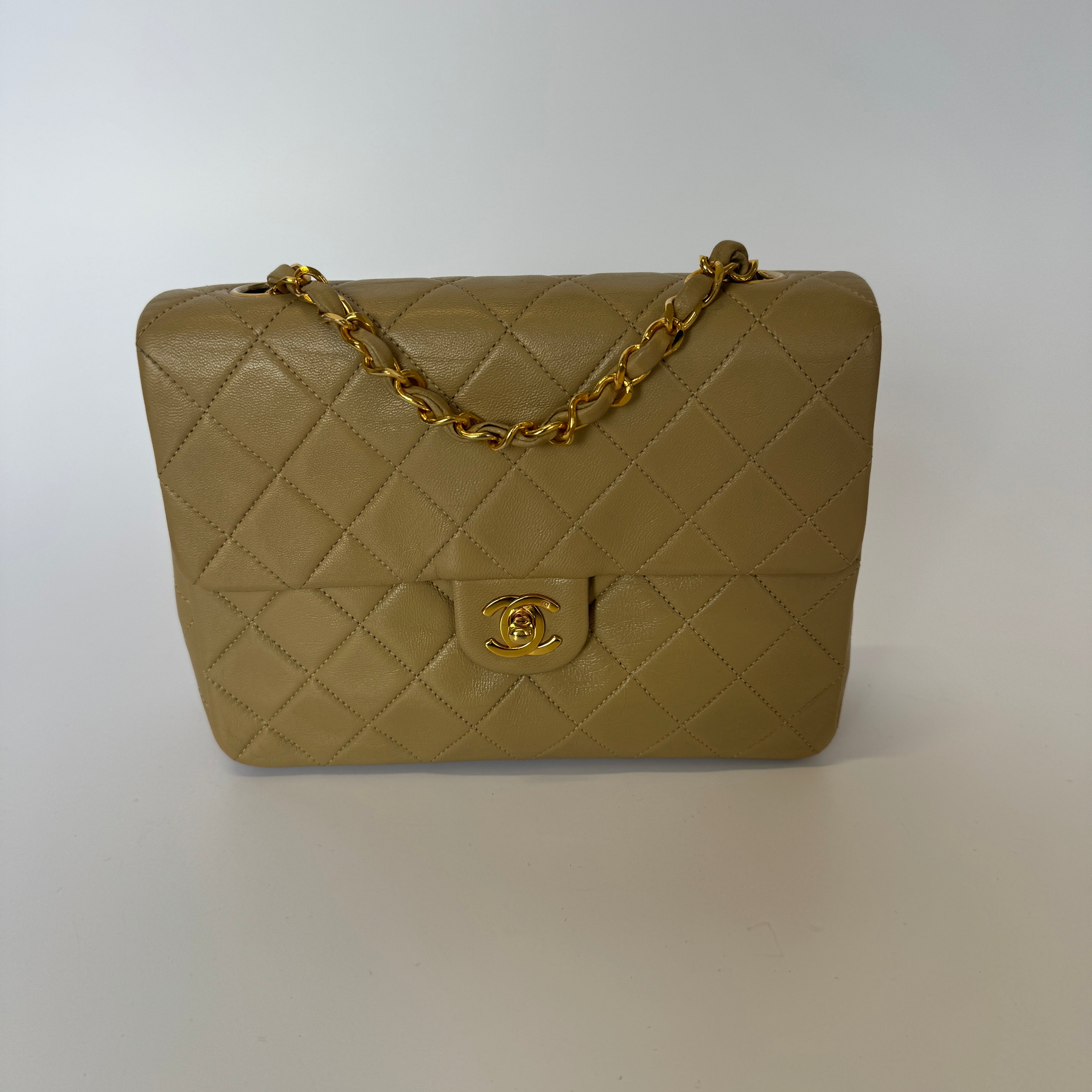 image of Chanel Vintage Mini Square Flap Bag In Beige Lambskin GHW