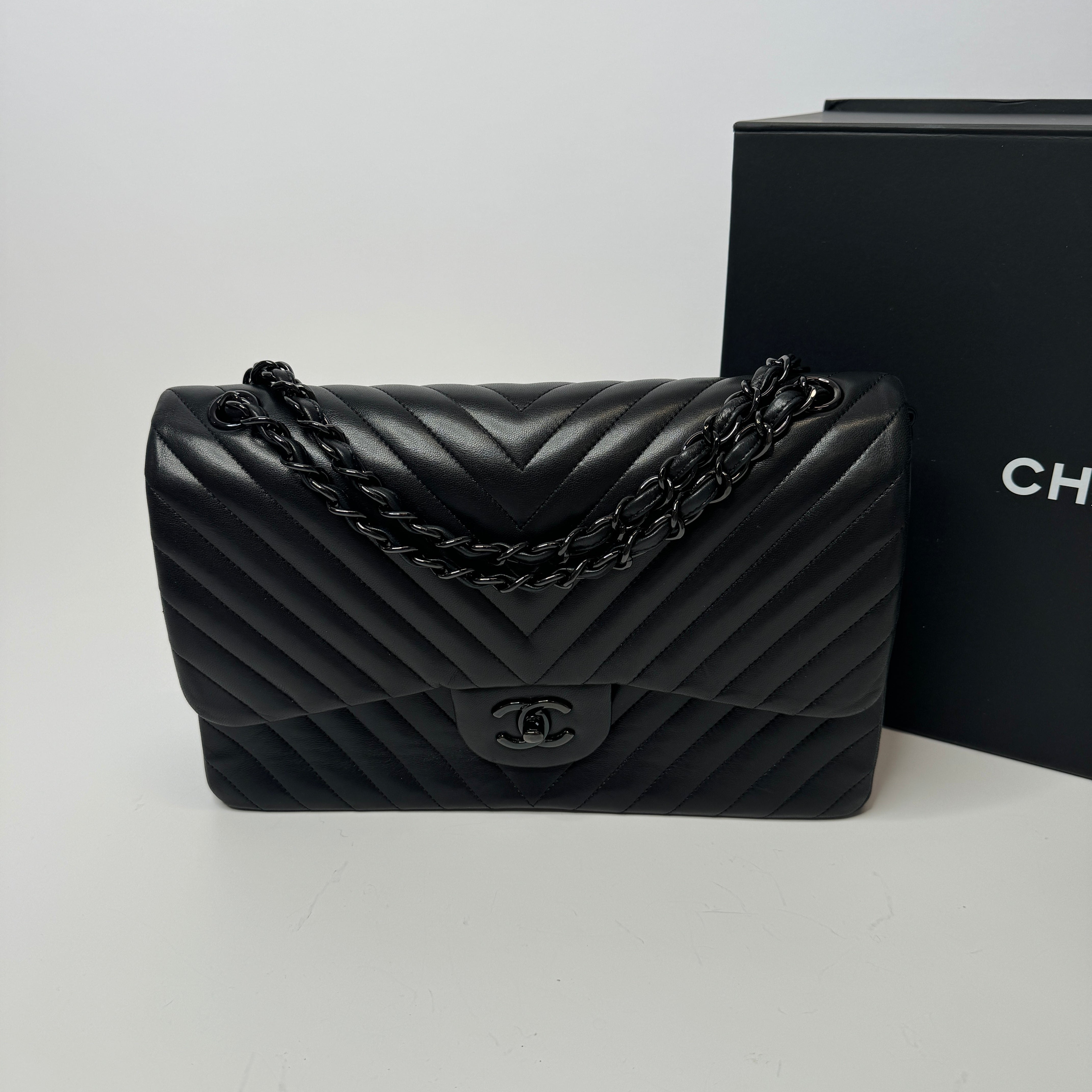 image of Chanel So Black Lambskin Leather Jumbo Classic Double Flap