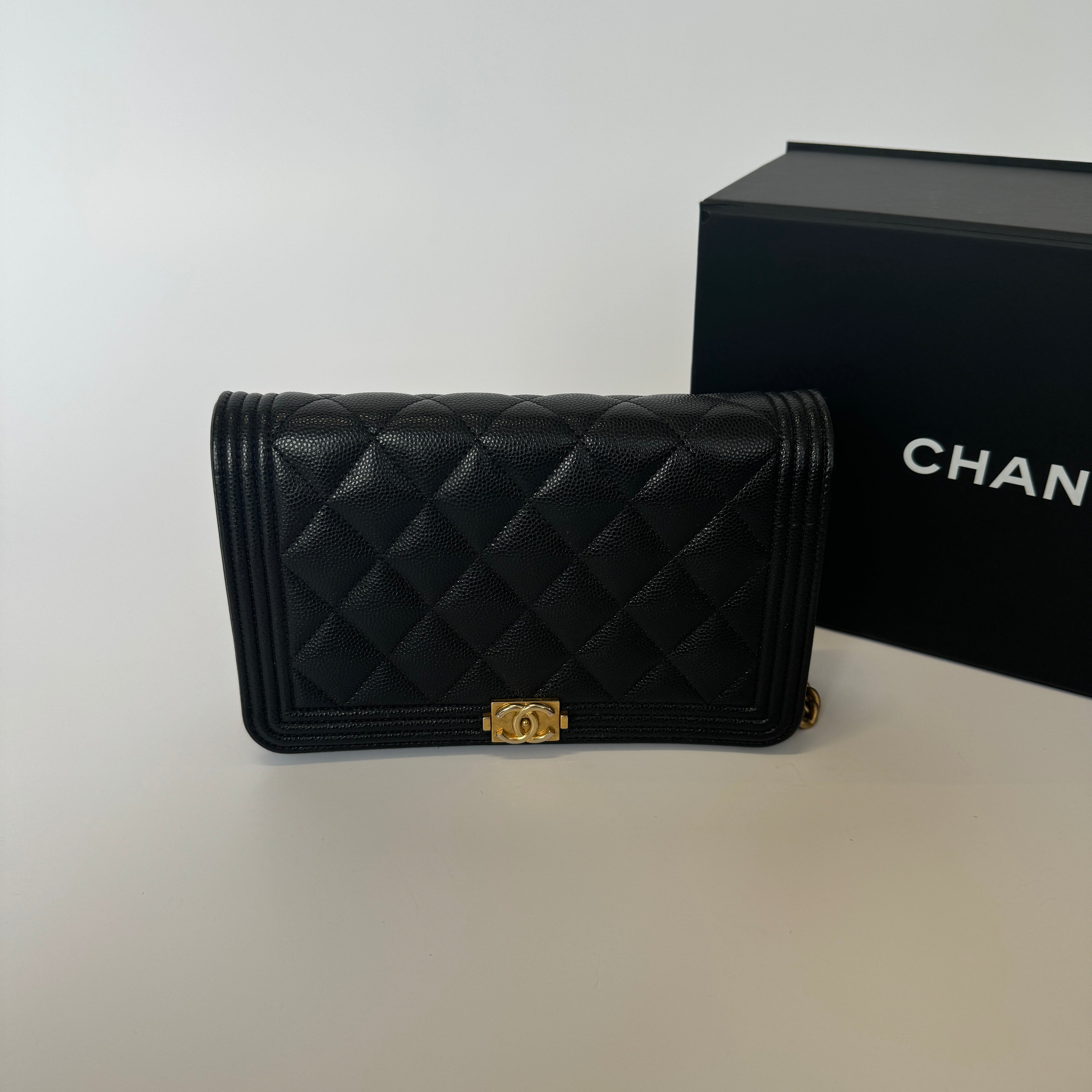 image of Chanel Boy Wallet On Chain In Black Caviar GHW