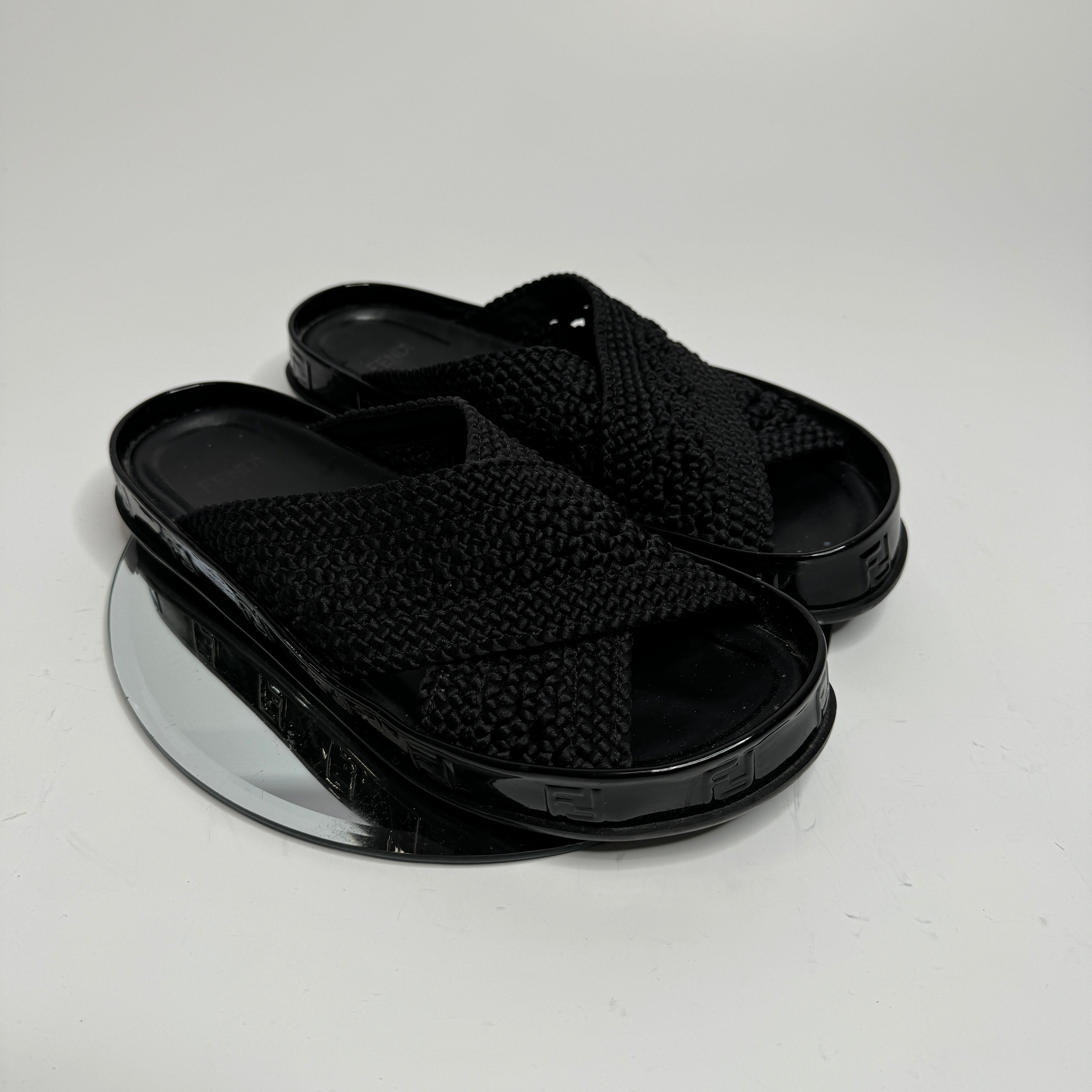 Image of Fendi Reflections Ff-Logo Faux-Raffia Slides (Size 37.5/UK 4.5)