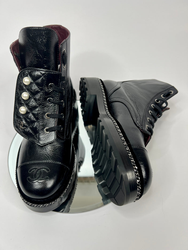 Chanel Calfskin Pearl & Chainlink Combat Boots (Size /UK ) – Luxe  Cheshire