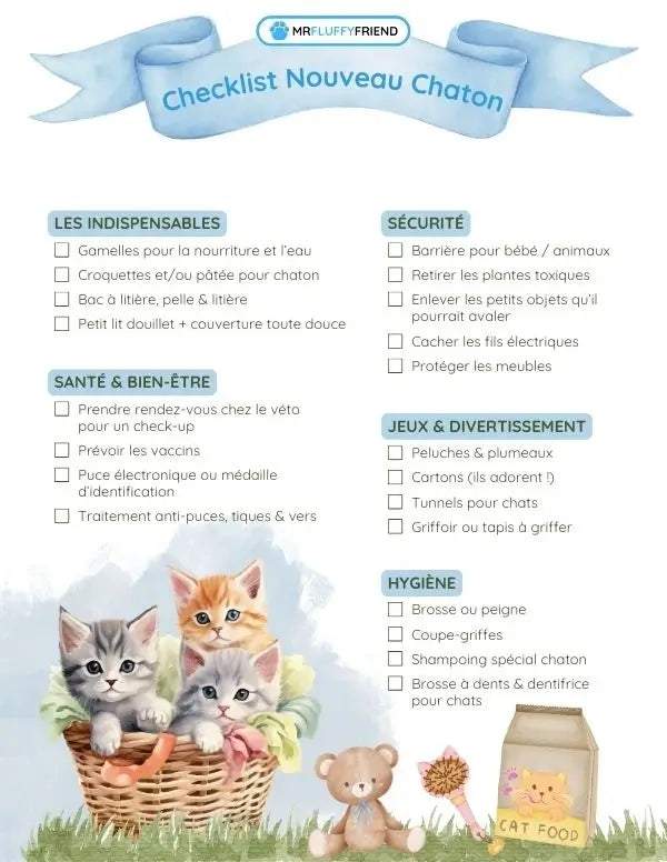 Une checklist colorée “Nouveau Chaton” avec les essentiels, la sécurité, l’hygiène, la santé et les jeux – et des chatons adorables dans un panier.