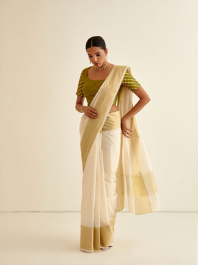 Banarasi Woven sari with zari border-Pearl white