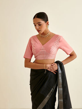 Magenta Blouse In Raw Silk WIth V Neckline And Full Sleeves