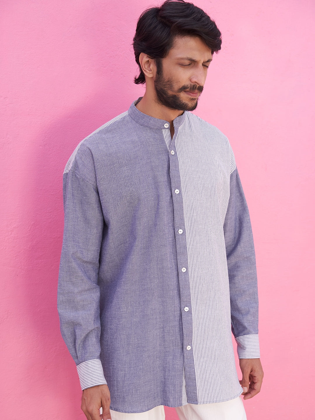 Chambray classic collar shirt with contrast piping