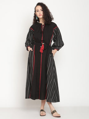 Midnight Black Ikat Dress With Waist Belt and Tie-up