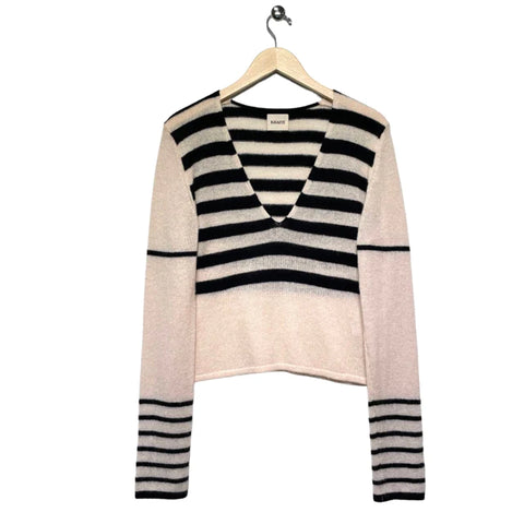 khaite size xl striped v-neck cream and black cashmere sweater