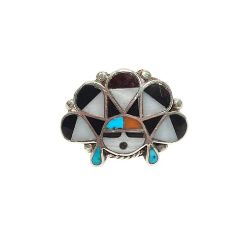 native american sterling silver ring with white, black, and turquoise stones