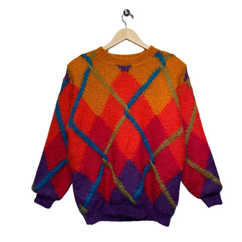 vintage red, orange, blue argyle print mohair sweater