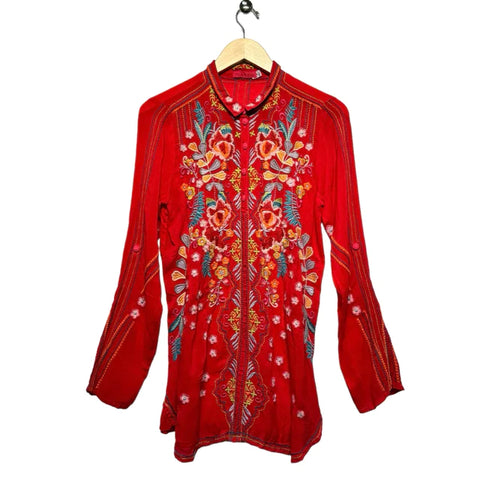 gorgeous rich red johnny was embroidered floral tunic