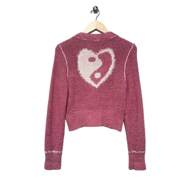 heart yin yang design on a pilcro cardigan from anthropologie sold at a consignment shop in portland called here we go again