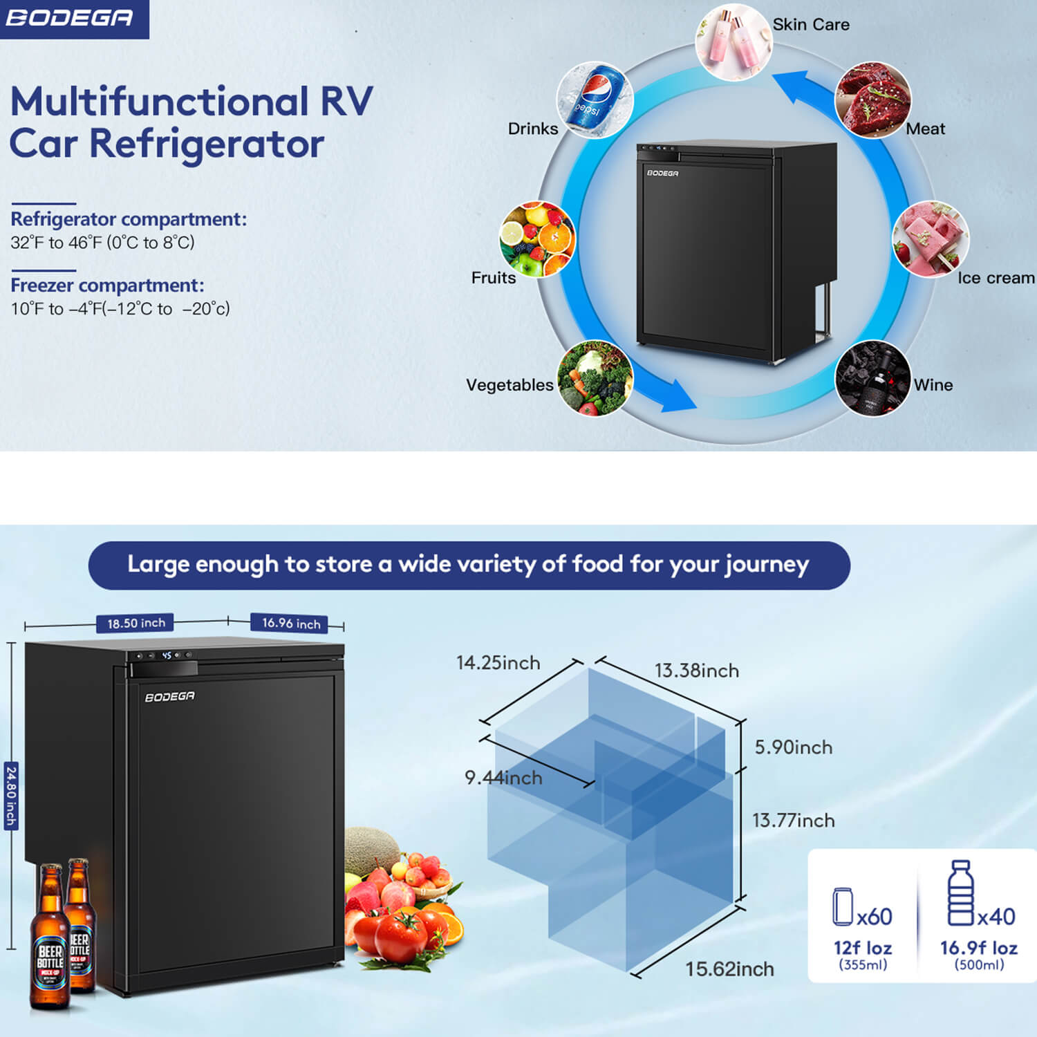 Bodegacooler RV Refrigerater 65L/2.3cu.ft. Upright Freezer Semi Truck  Refrigerator