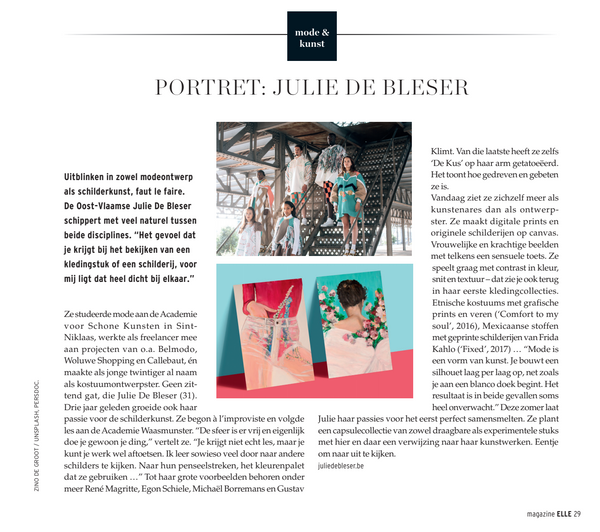 Artikel Julie De Bleser in ELLE België Art&Fashion