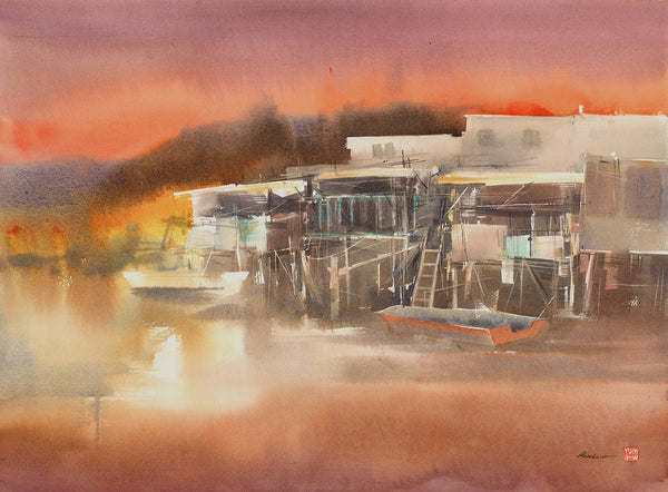 Fishing Village at Sunset, Watercolor painting by RAINB.W Hong Kong Local Artist