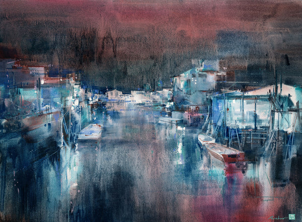 Tai O at Night, Watercolor by RAINB.W Hong Kong Local Artist