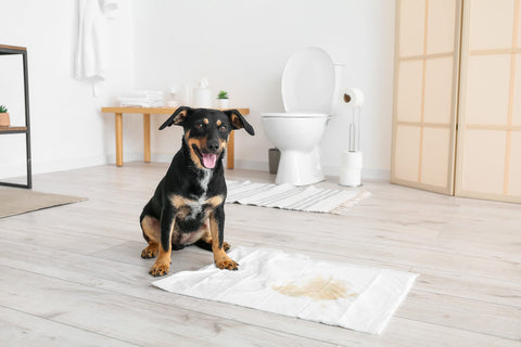 A dog being potty trained using puppy pads