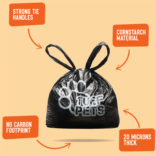 A filled and tied Tuff Pets Poop Bag with the selling points - Strong Tie Handles | Cornstarch Material | No Carbon Footprint | 20 Microns Thick