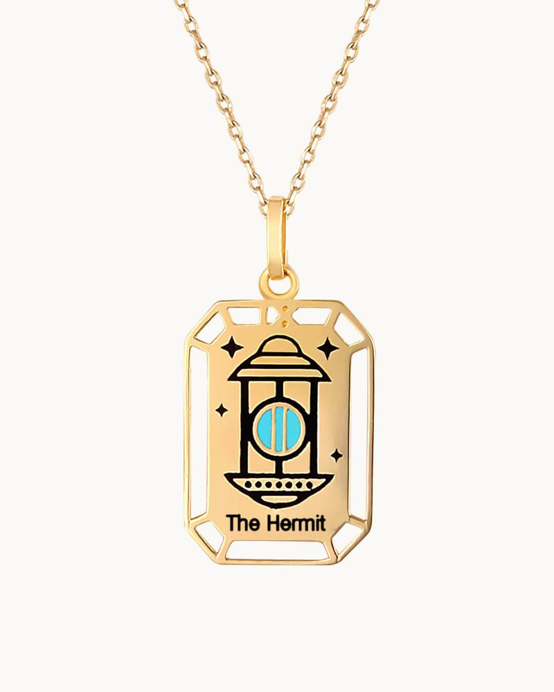 14K Solid Gold The Hermit Cart Tarot Necklace