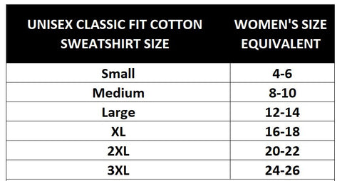 unisex sweatshirt sizes
