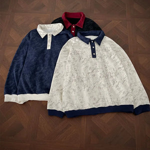 New Men's Casual Long-Sleeve Polo Shirt Color-Block Collar Loose-Fit Versatile Fashion Shirt Velvet Sweatshirt - GURUNVANIS