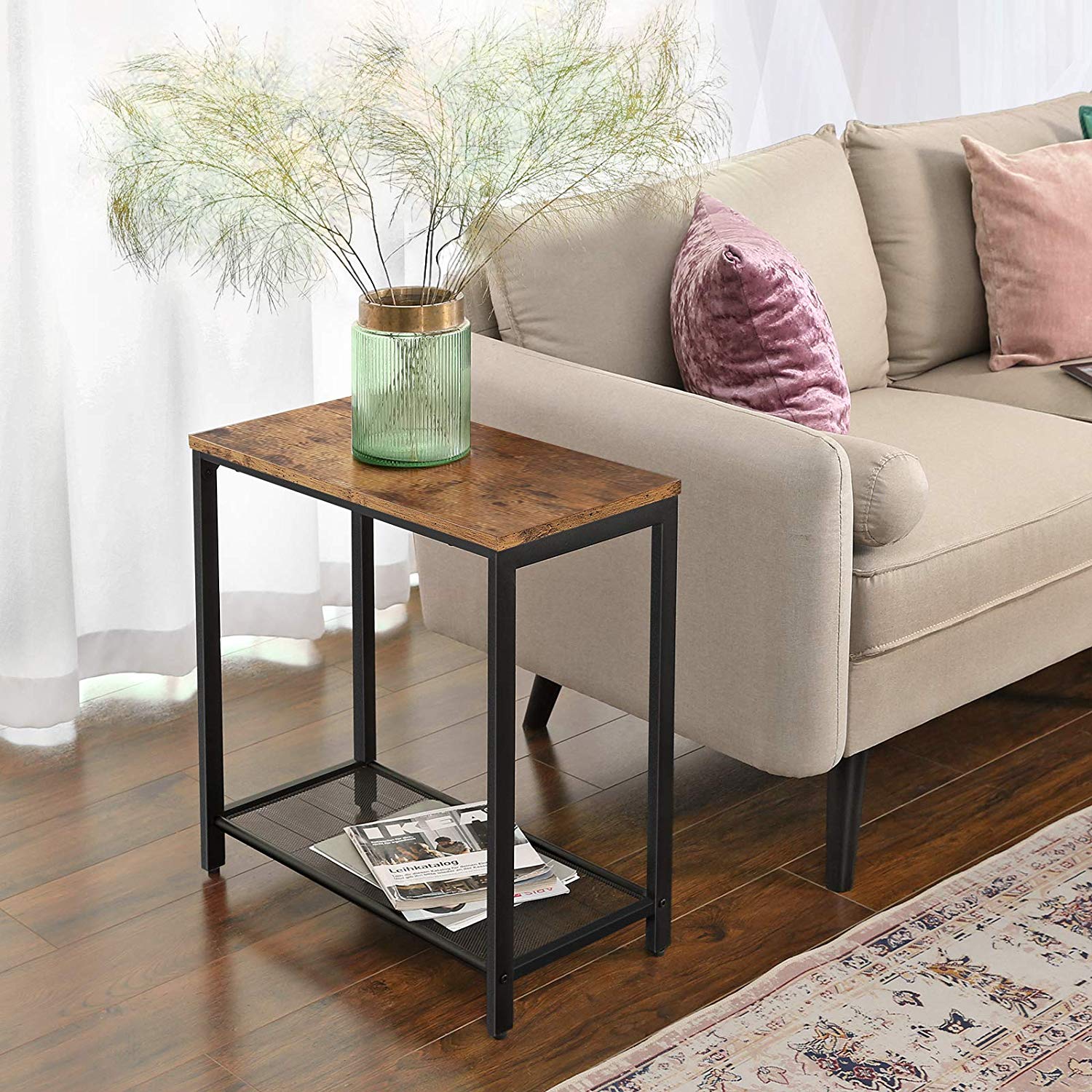 Narrow Small End Table with Mesh Shelf