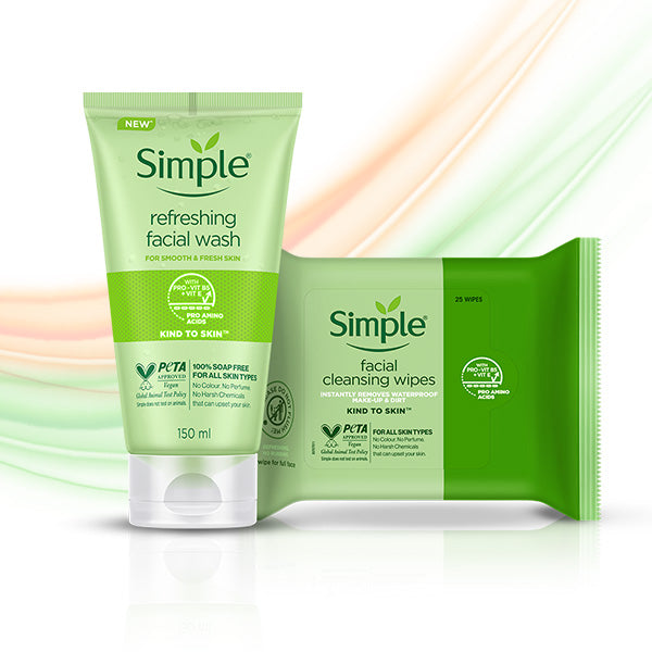 Simple Skincare Kind to Skin Refreshing Facial Wash, Soothing Facial Toner & Protecting Light Moisturiser SPF 15 Combo