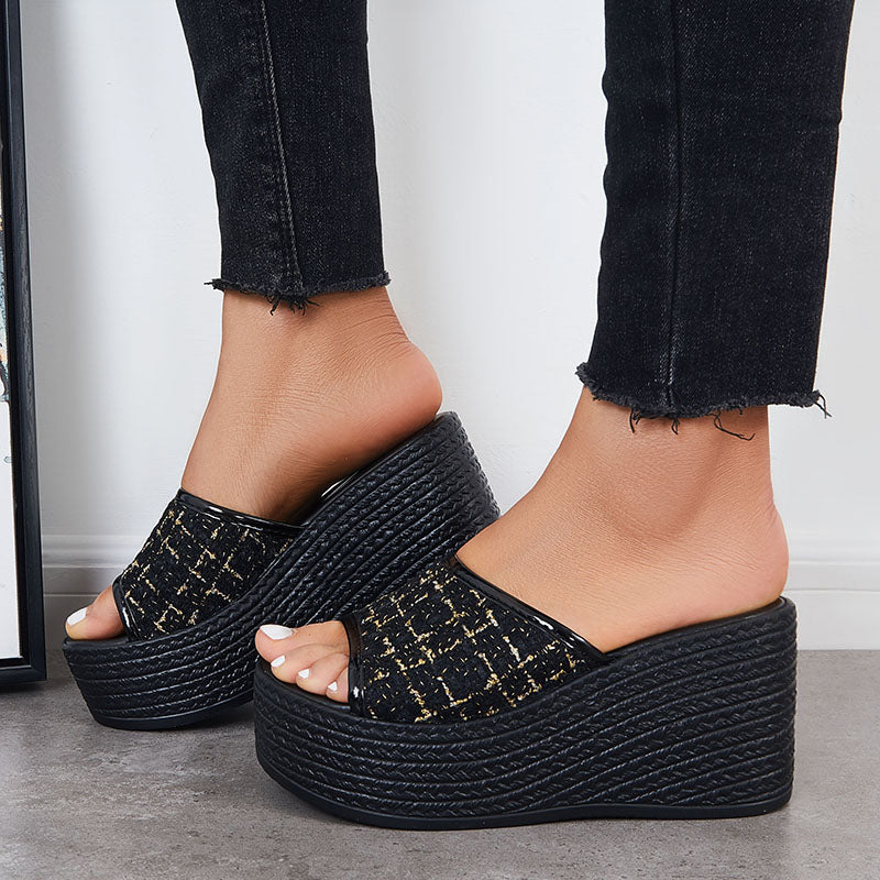 Black Platform Wedge Slides Slip on Open Toe Backless Sandals