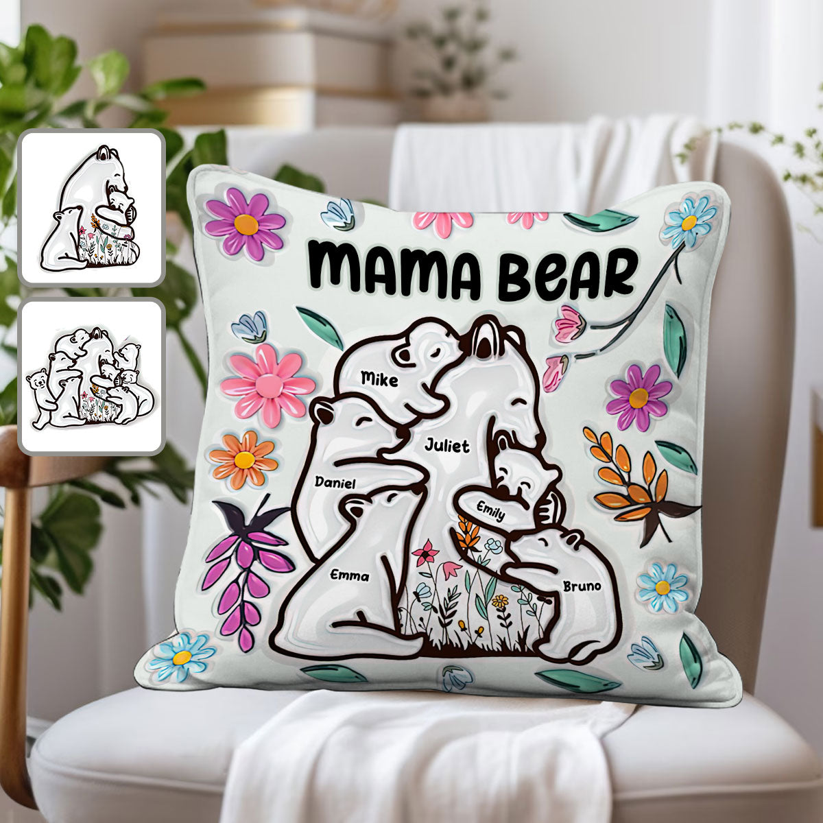Mama Bear Huggings Her Cubs Floral Style - Personalized Mother Throw Pillow