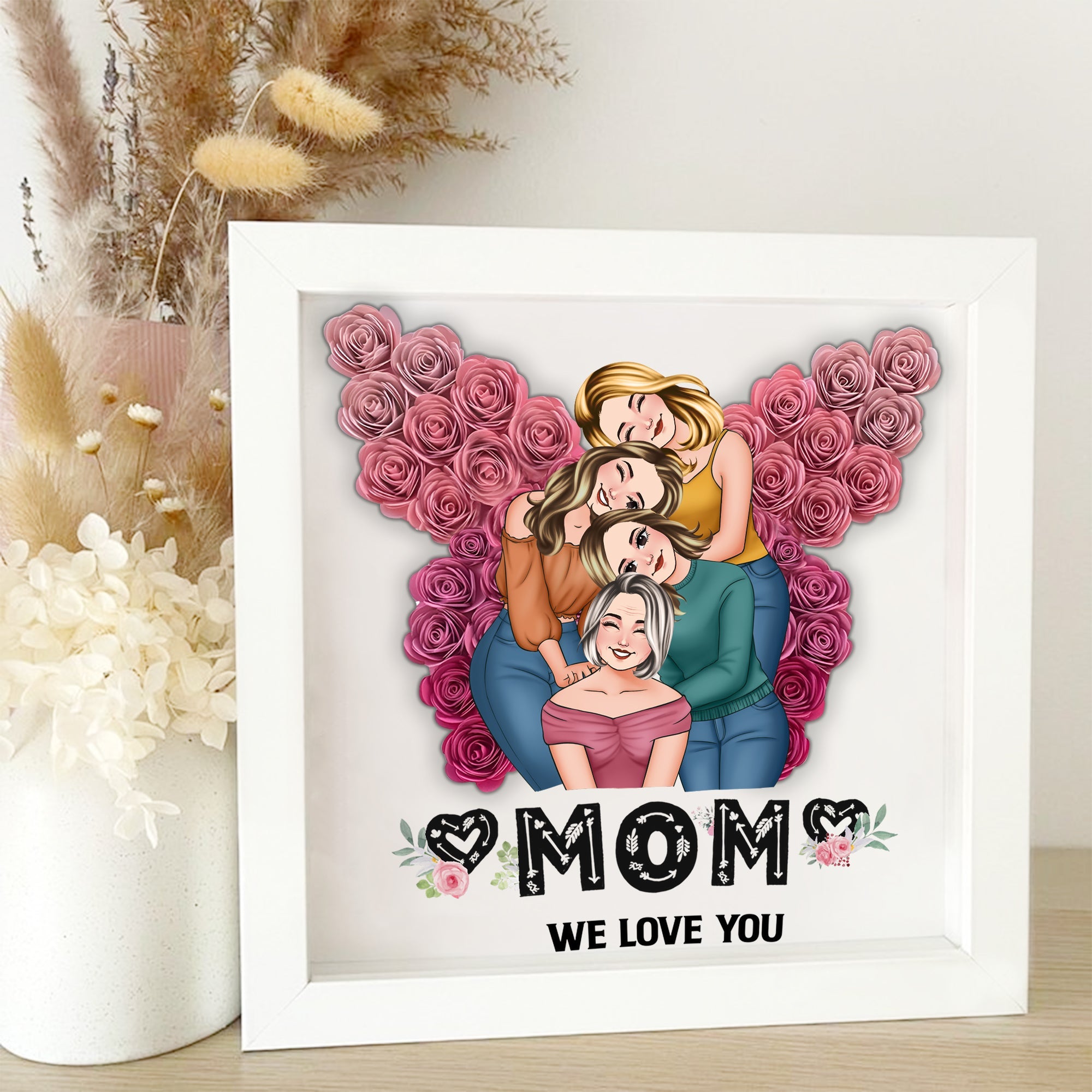 Mom We Love You Butterfly - Personalized Mother Custom Shaped Flower Shadow Box