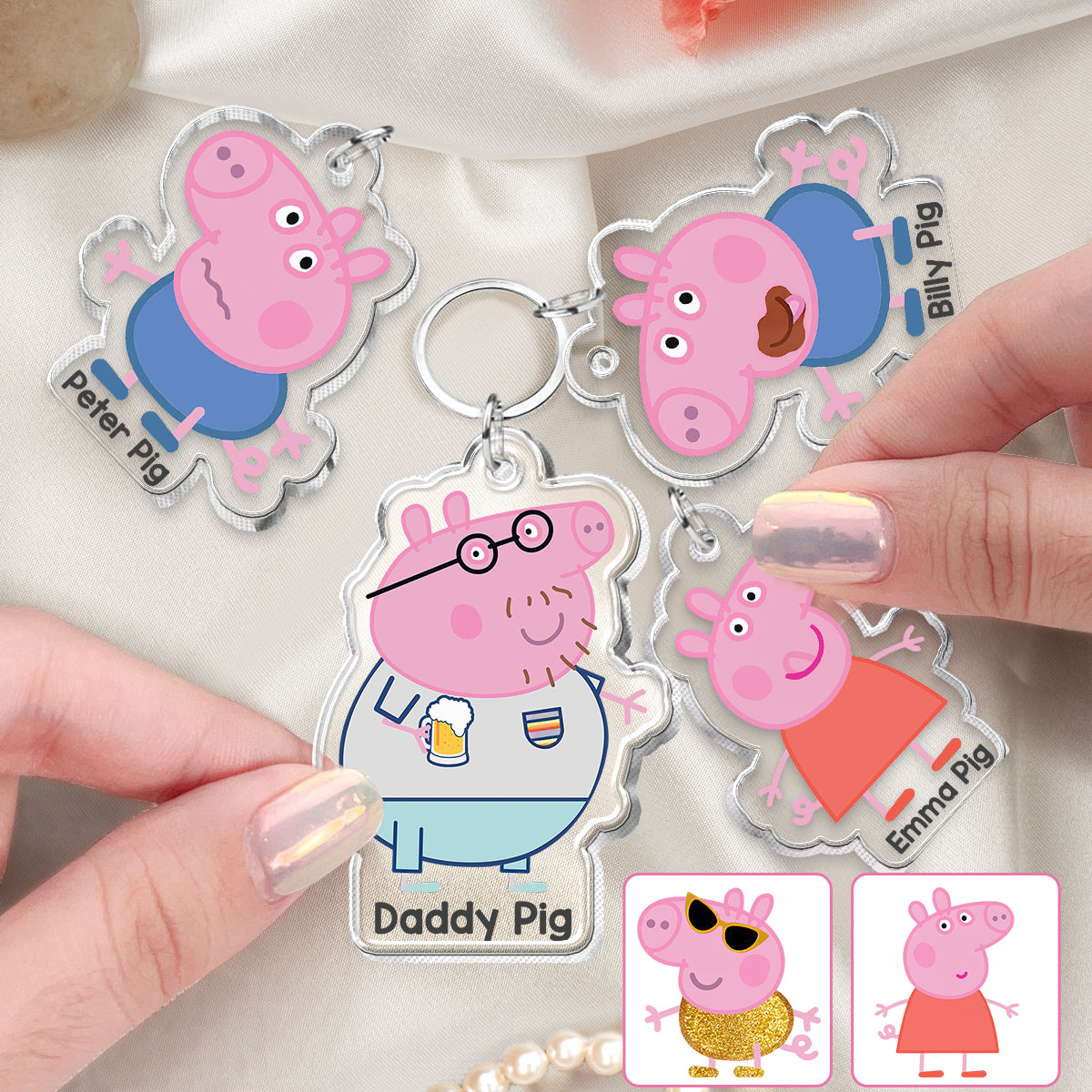 Daddy Pig - Personalized Pink Pig Keychain with Charms