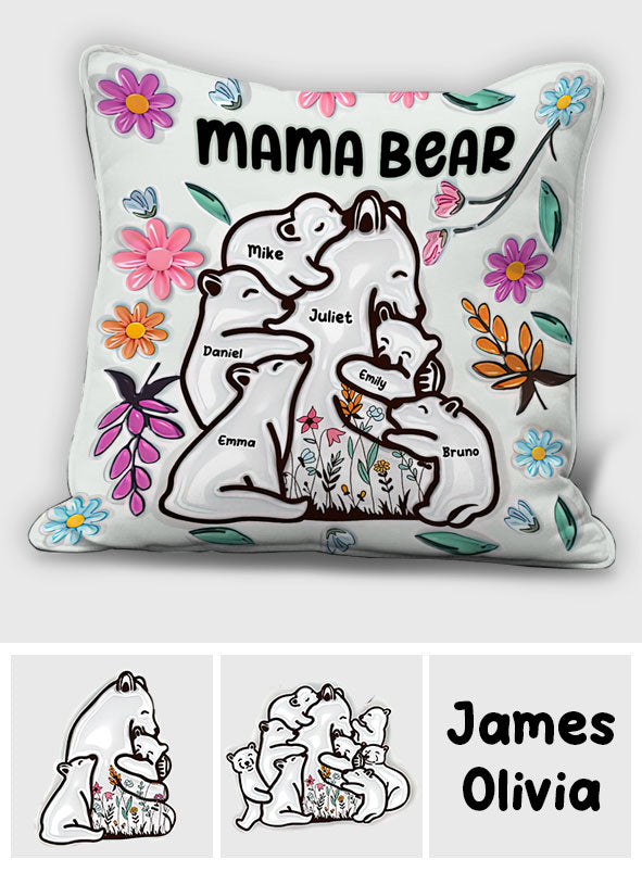 Mama Bear Huggings Her Cubs Floral Style - Personalized Mother Throw Pillow