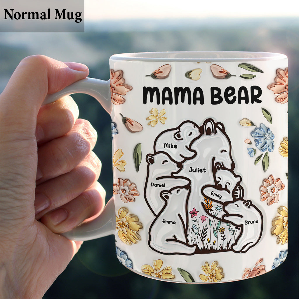 Mama Bear Huggings Her Cubs Floral Style - Personalized Mother Mug