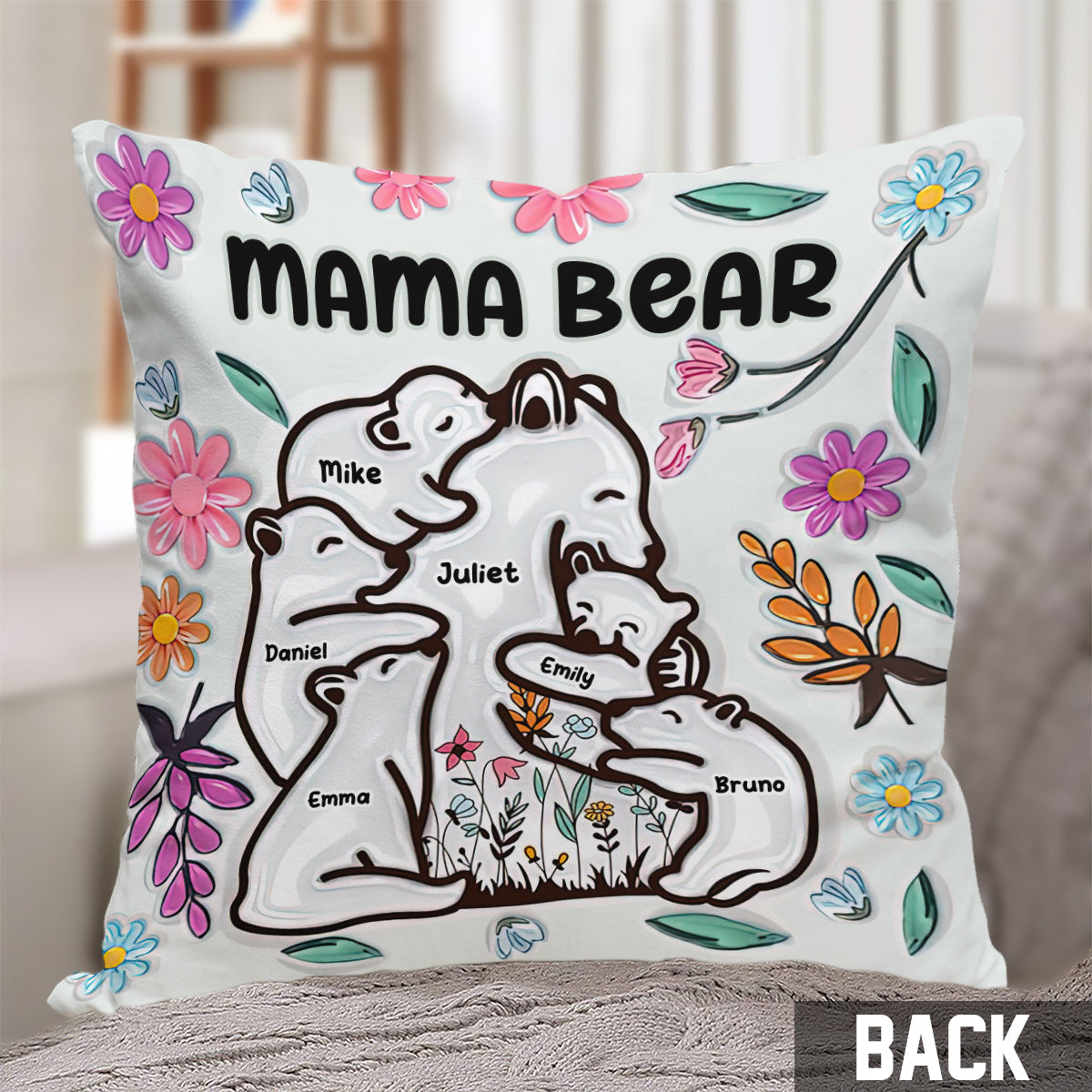 Mama Bear Huggings Her Cubs Floral Style - Personalized Mother Throw Pillow