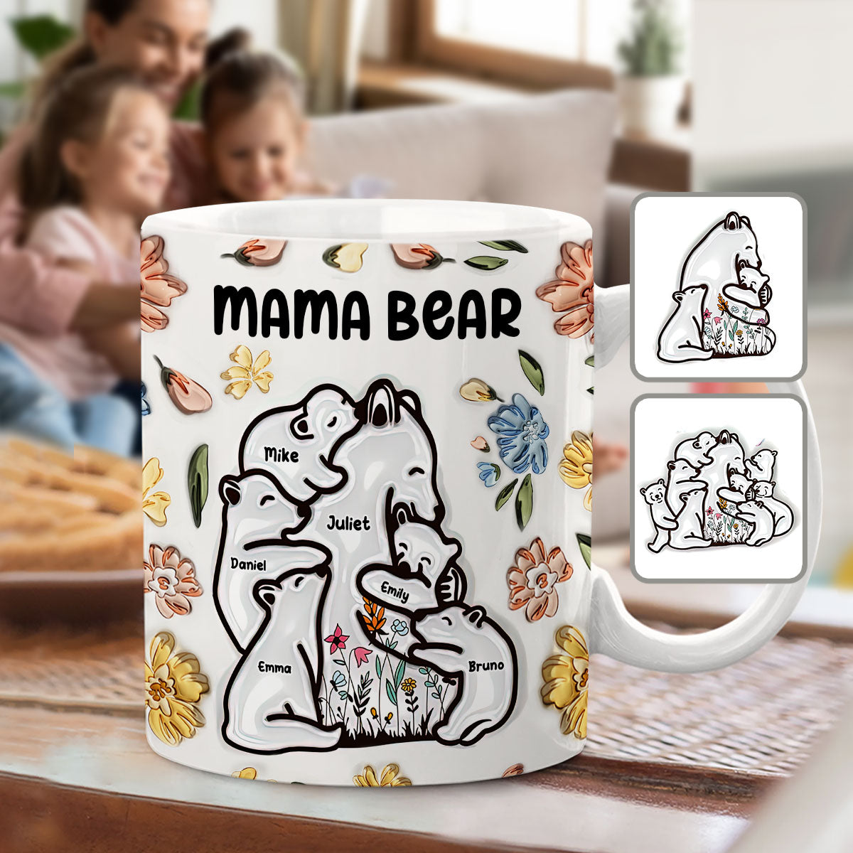 Mama Bear Huggings Her Cubs Floral Style - Personalized Mother Mug