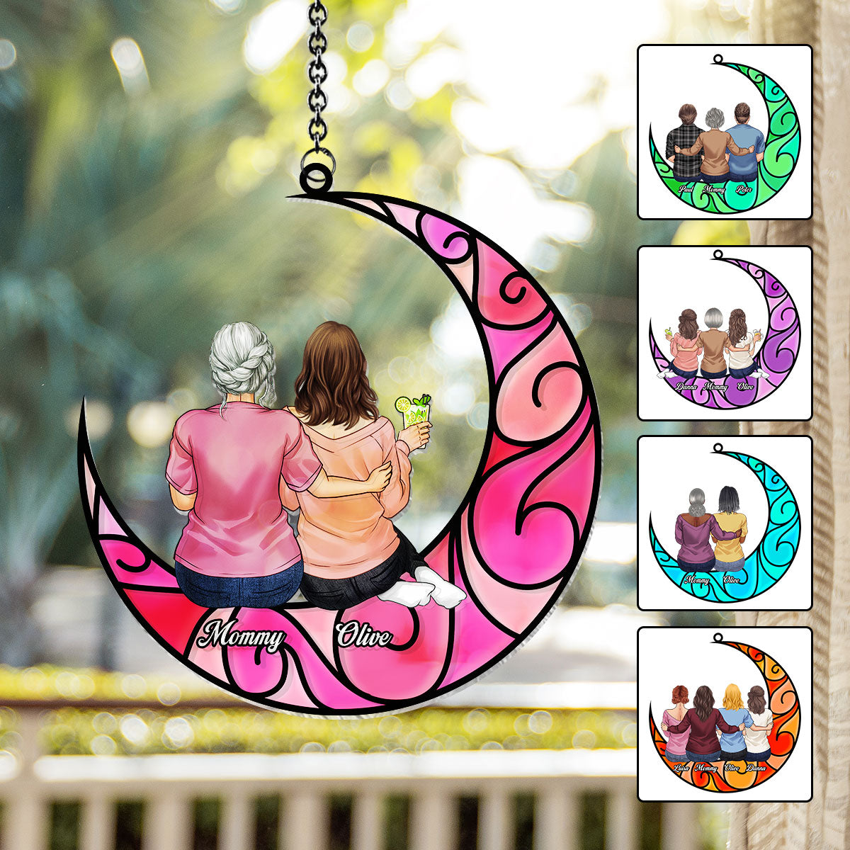 Mother And Children Sitting On The Moon - Personalized Mother Window Hanging Suncatcher Ornament