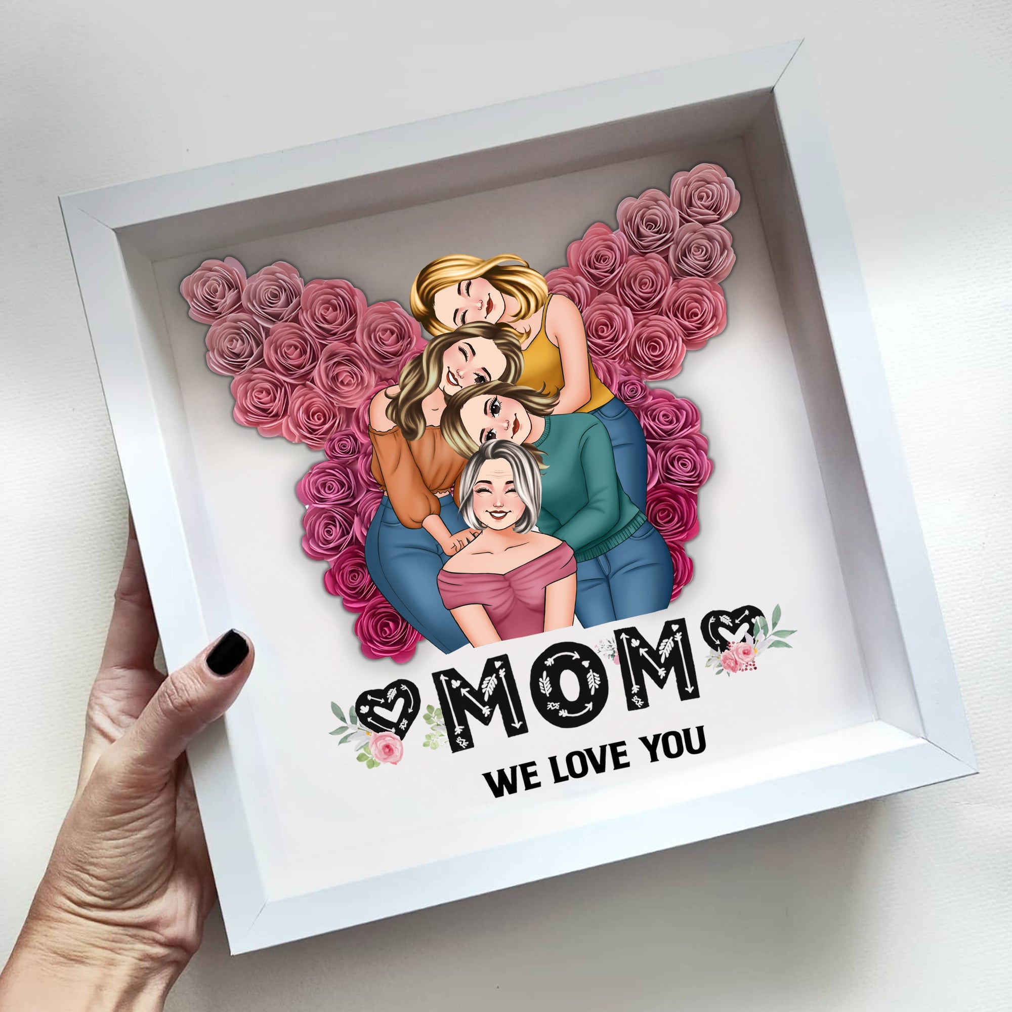 Mom We Love You Butterfly - Personalized Mother Custom Shaped Flower Shadow Box