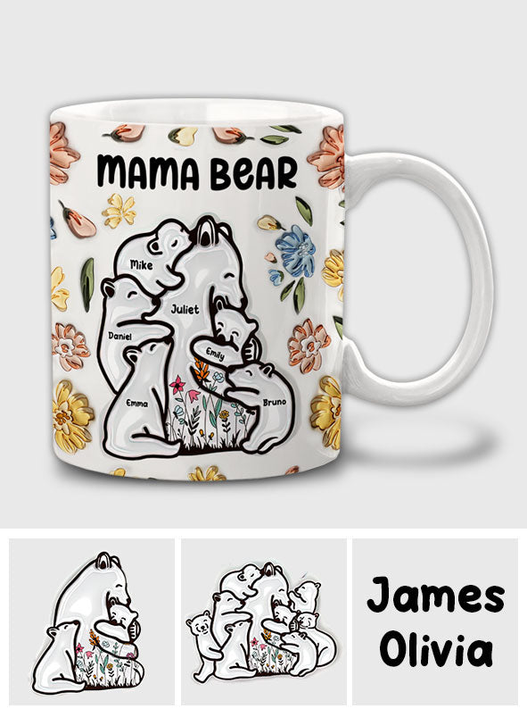 Mama Bear Huggings Her Cubs Floral Style - Personalized Mother Mug