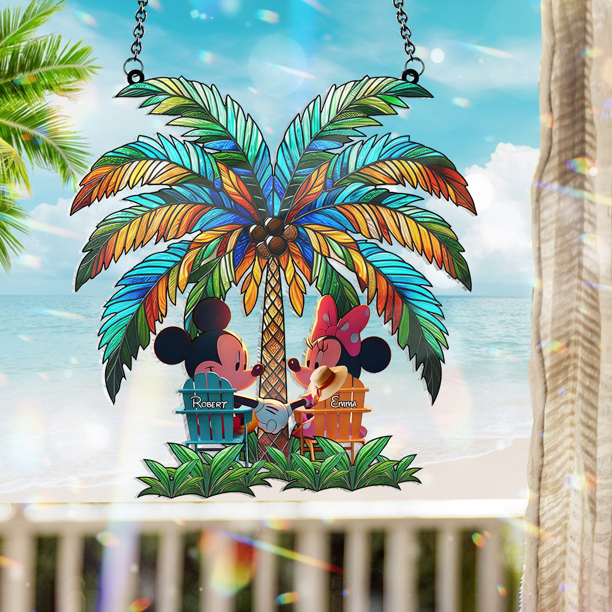 Under The Palm Tree Happy Couple - Personalized Mouse Window Hanging Suncatcher Ornament