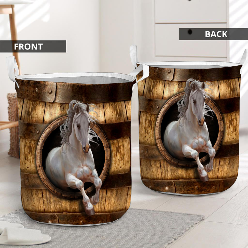 White Horse Faux Wood - Horse Riding Lover - Horse Owner Laundry Basket 0921