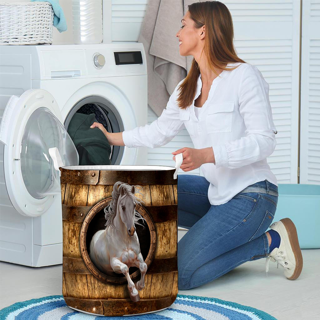 White Horse Faux Wood - Horse Riding Lover - Horse Owner Laundry Basket 0921