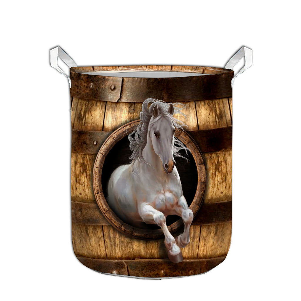 White Horse Faux Wood - Horse Riding Lover - Horse Owner Laundry Basket 0921