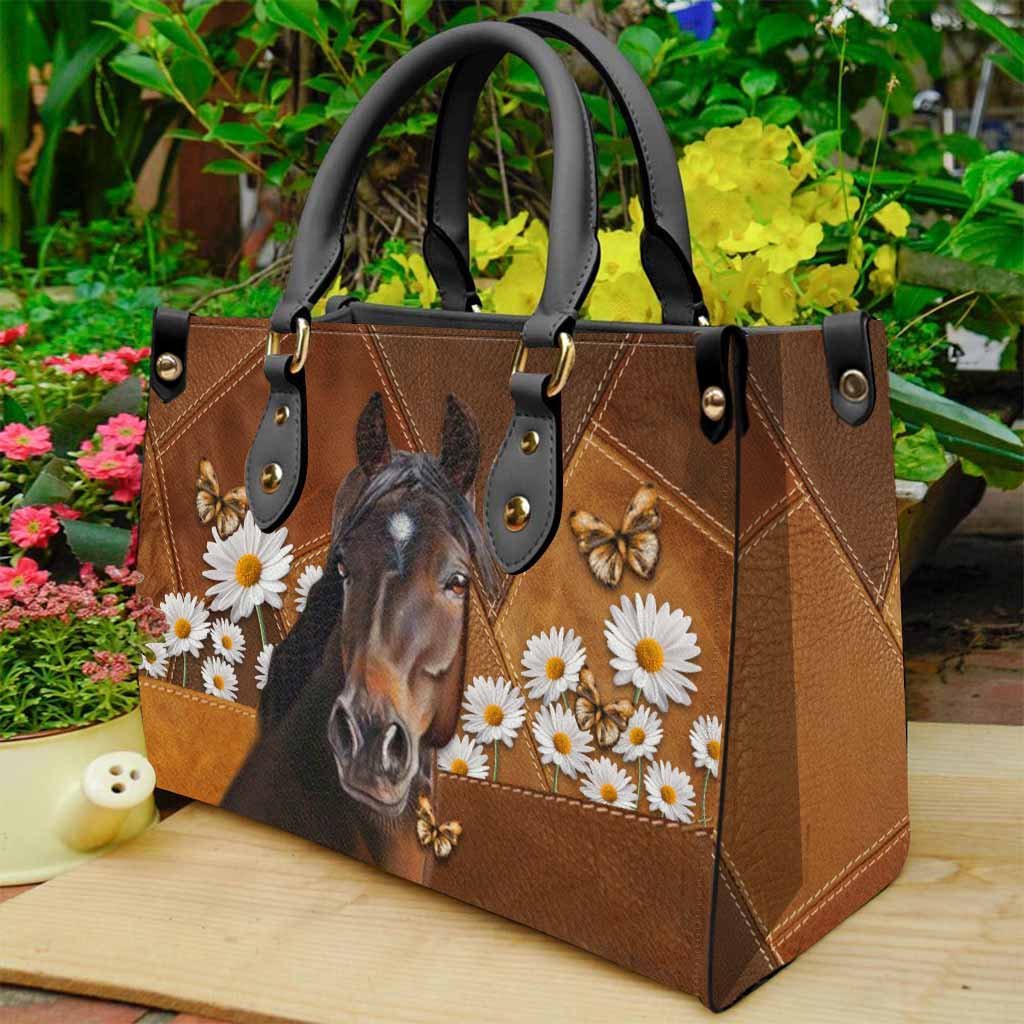 Horse With Daisies - Horse Riding Lover - Horse Owner Leather Handbag 0921
